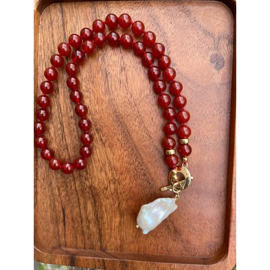 Baroque pearl and red agate beaded necklace boho jewelry