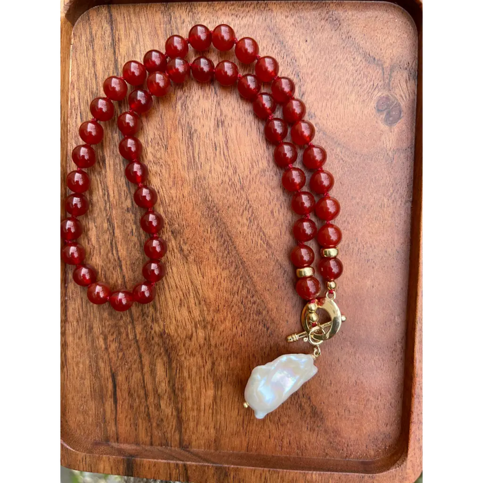 Baroque pearl and red agate beaded necklace boho jewelry