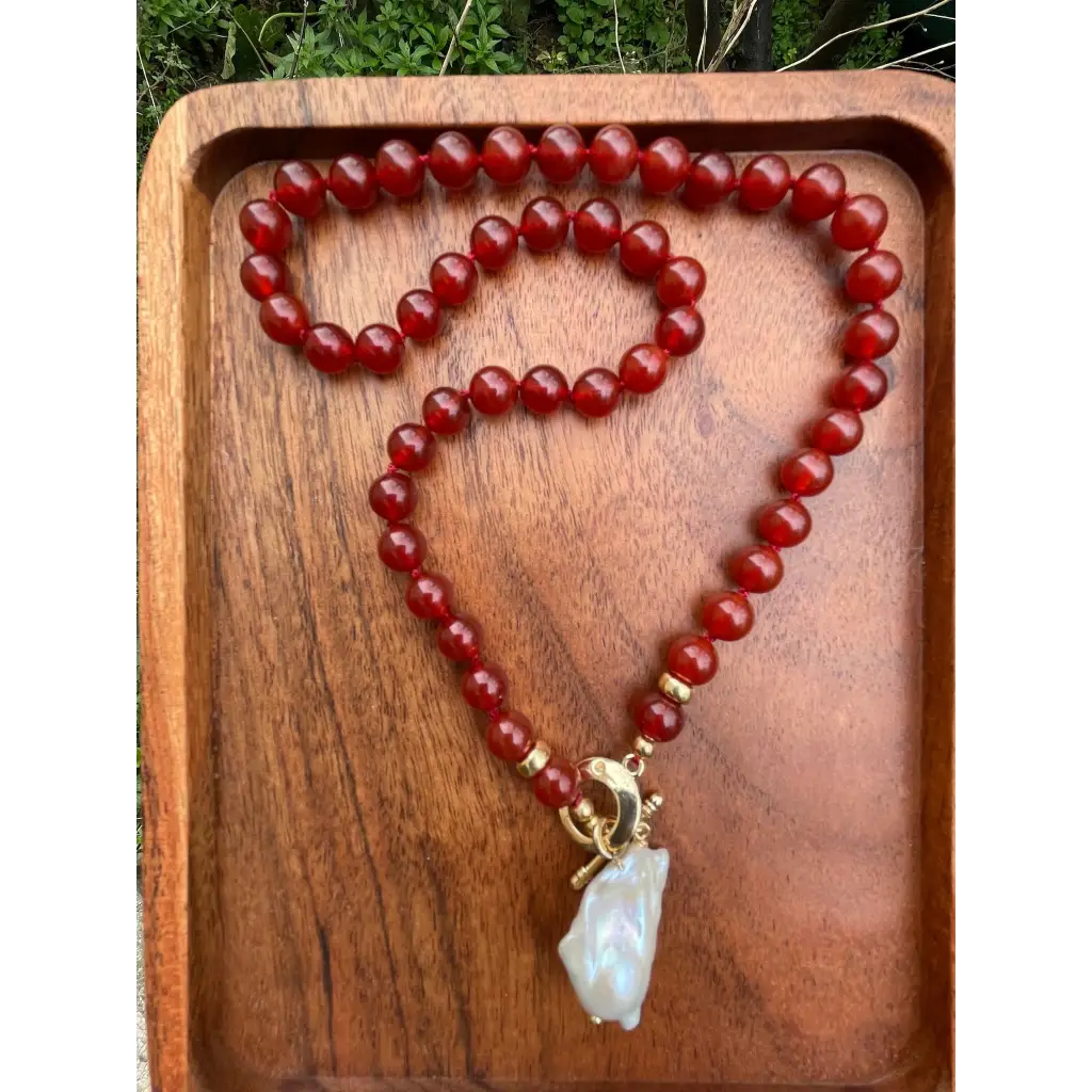 Baroque pearl and red agate beaded necklace boho jewelry