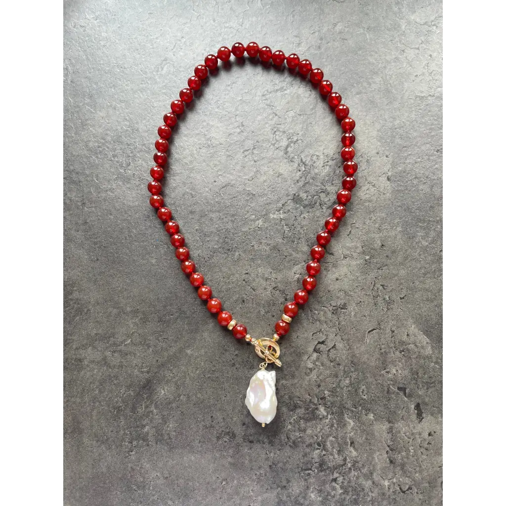 Baroque pearl and red agate beaded necklace boho jewelry