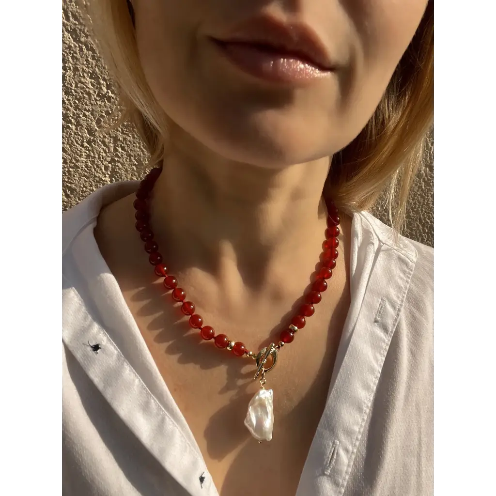 Baroque pearl and red agate beaded necklace boho jewelry