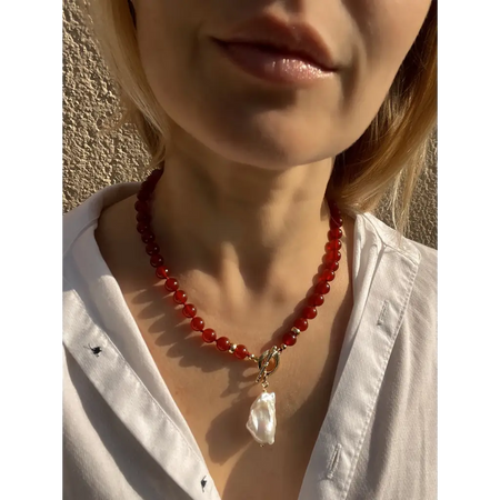 Baroque pearl and red agate beaded necklace boho jewelry