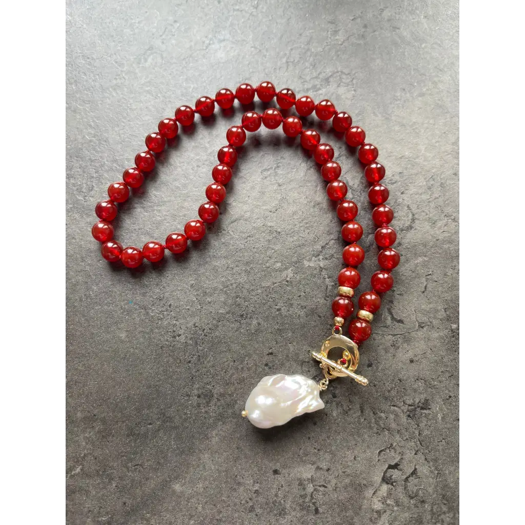 Baroque pearl and red agate beaded necklace boho jewelry