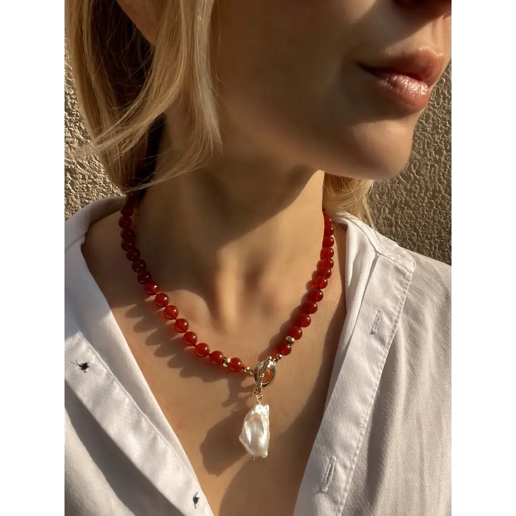 Baroque pearl and red agate beaded necklace boho jewelry