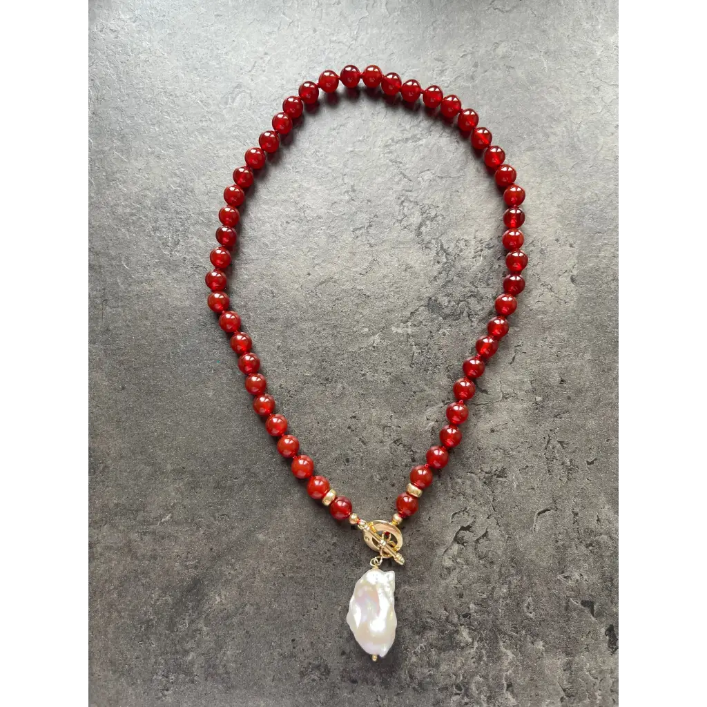 Baroque pearl and red agate beaded necklace boho jewelry