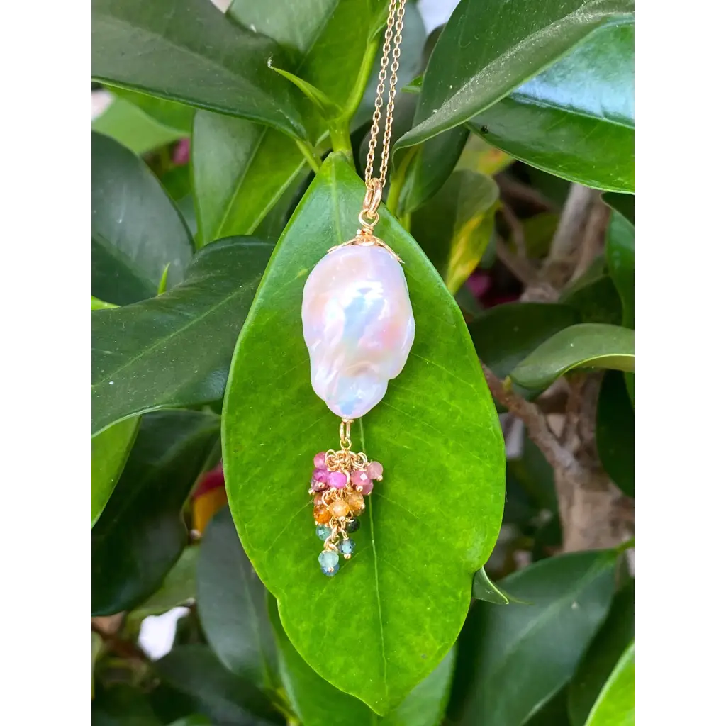 Baroque pearl and tourmalines pendant on gold plated silver