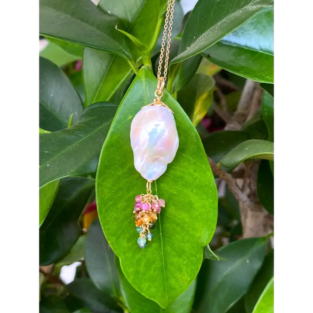 Baroque pearl and tourmalines pendant on gold plated silver