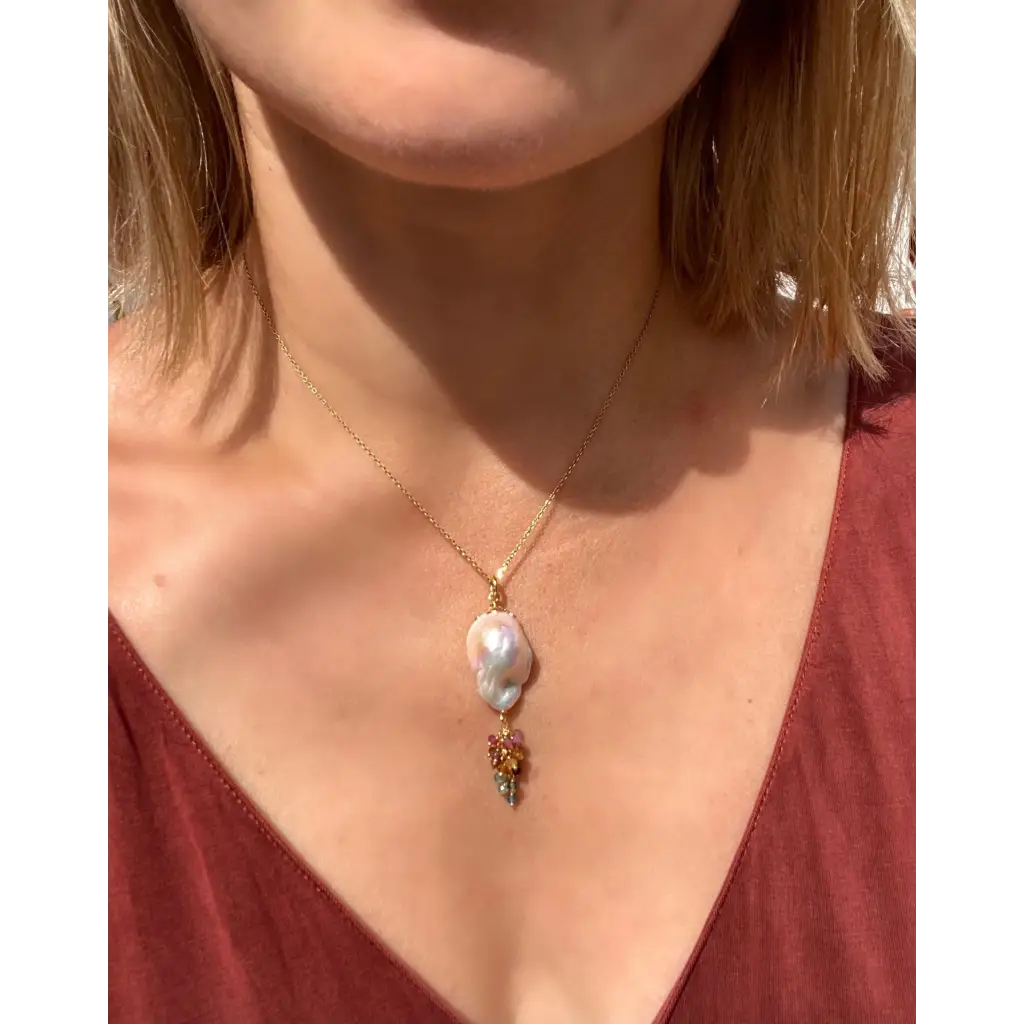 Baroque pearl and tourmalines pendant on gold plated silver