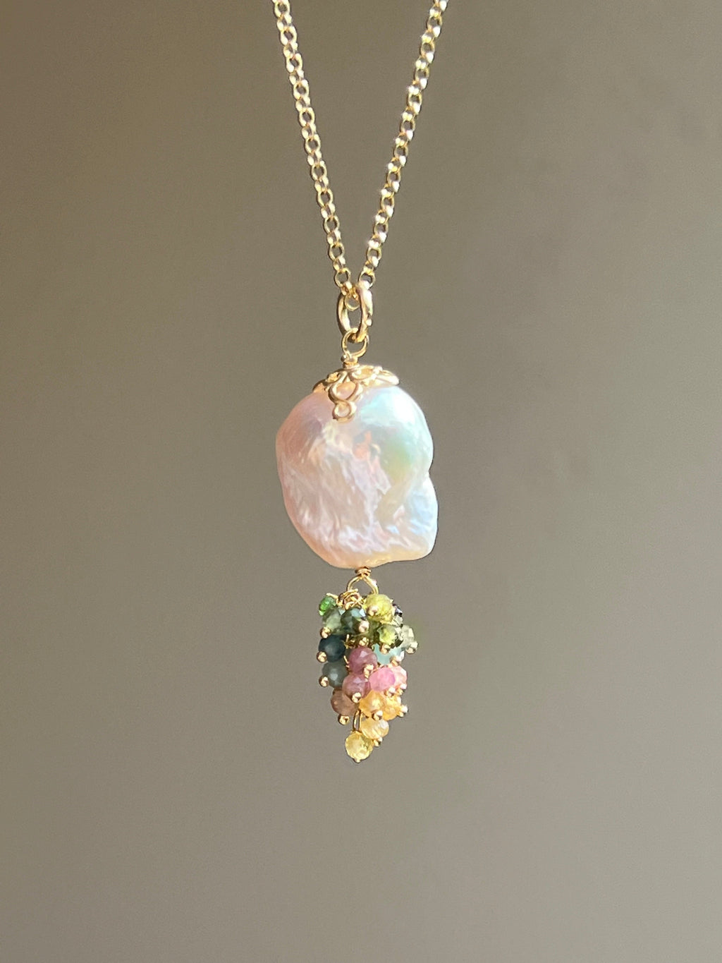 Baroque pearl pendant with tourmalines cluster Pendants
