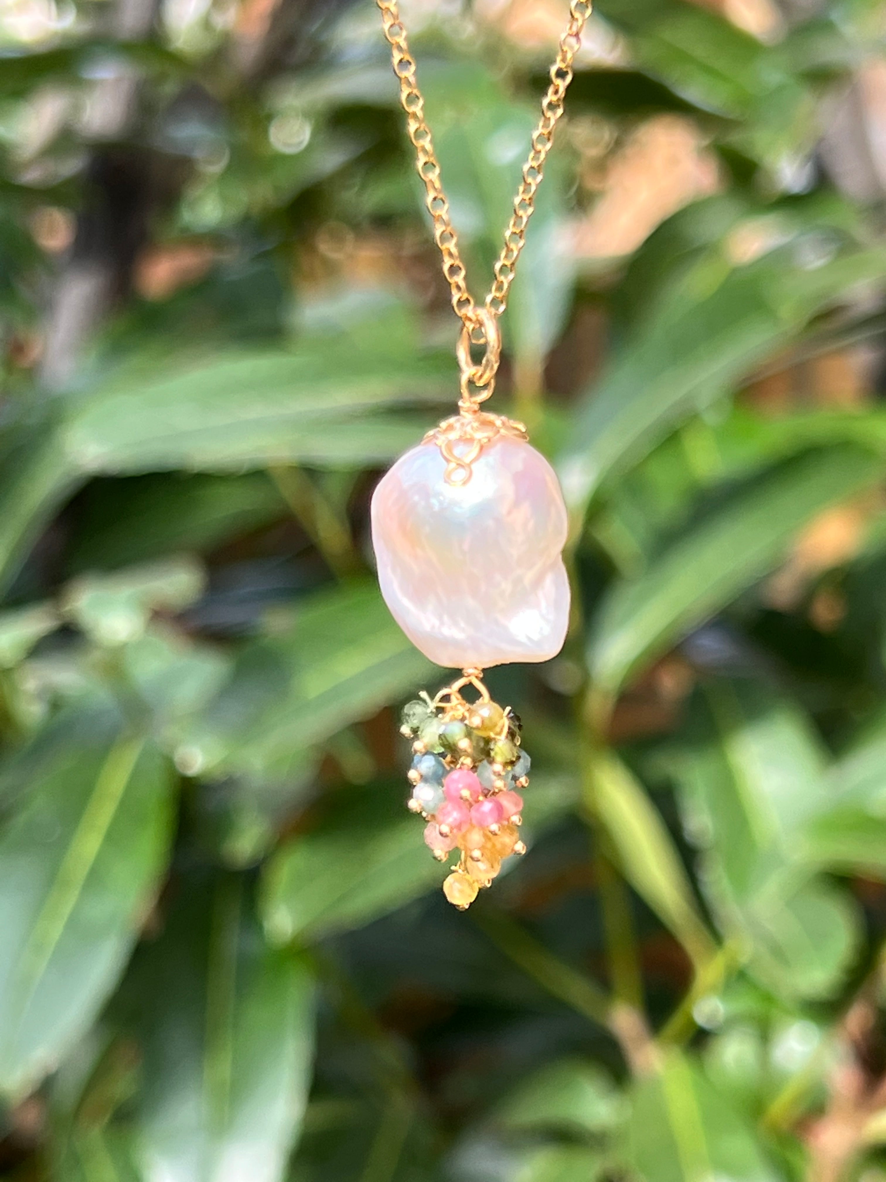 Baroque pearl pendant with tourmalines cluster Pendants