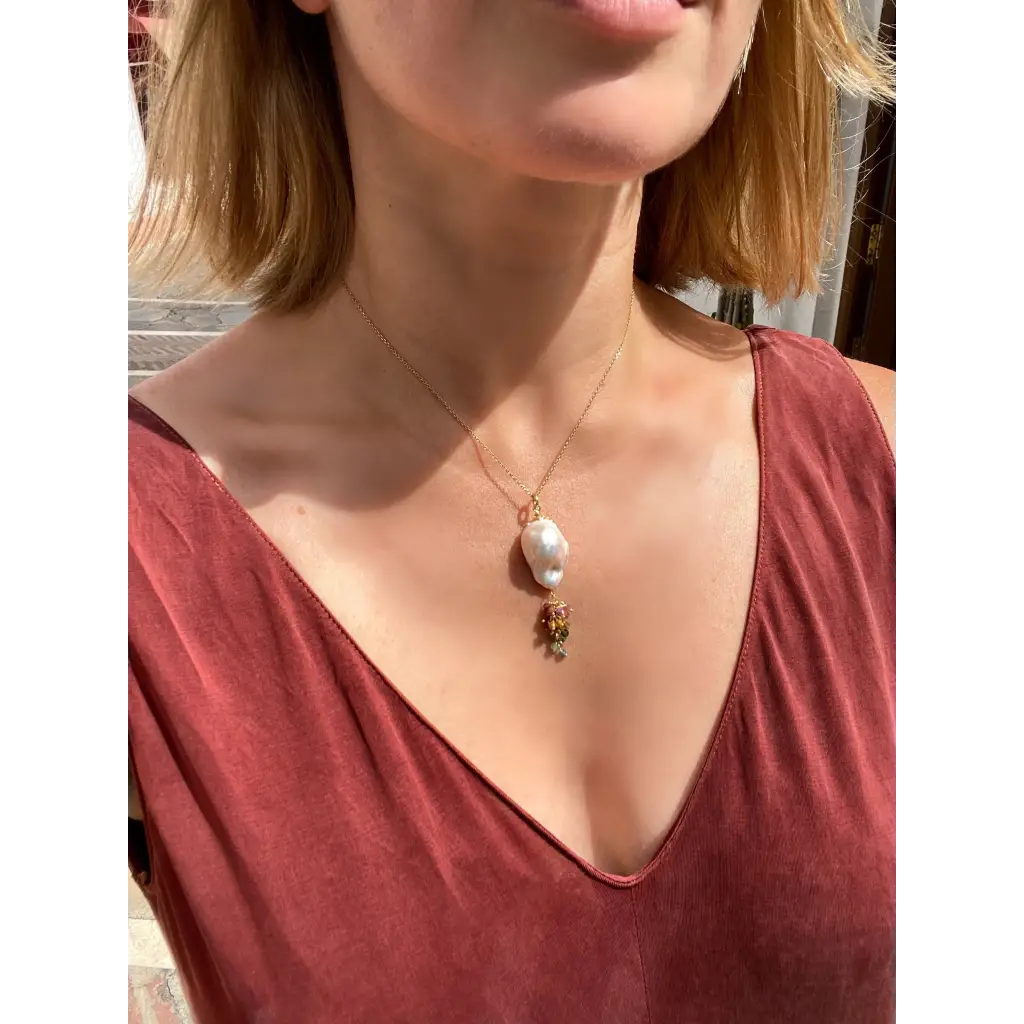 Baroque pearl and tourmalines pendant on gold plated silver