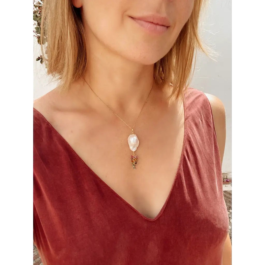 Baroque pearl and tourmalines pendant on gold plated silver