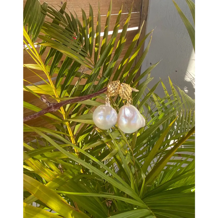 Baroque pearls drop earrings with golden shells gold plated