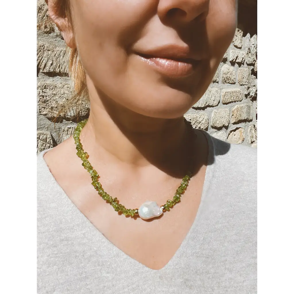Baroque peridot and fresh water pearl necklace magnetic