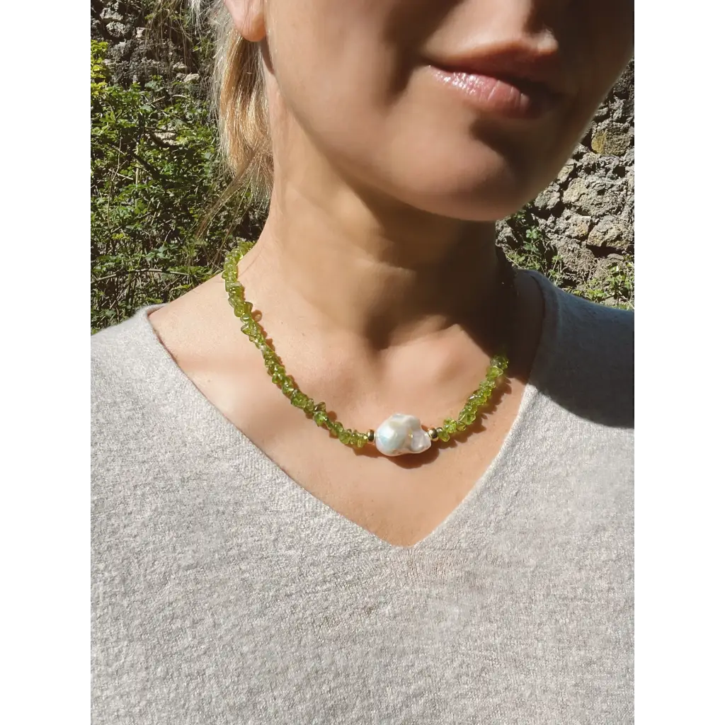 Baroque peridot and fresh water pearl necklace magnetic