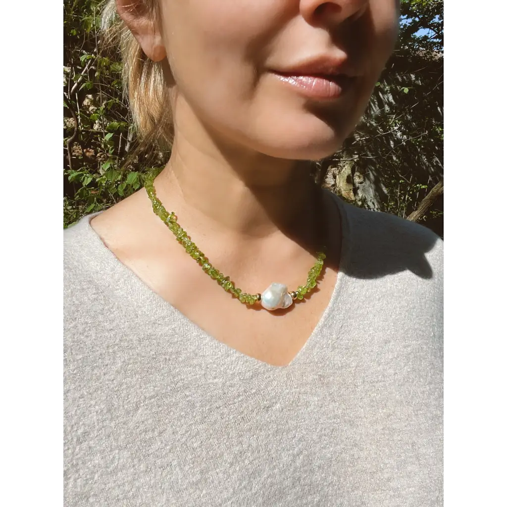 Baroque peridot and fresh water pearl necklace magnetic