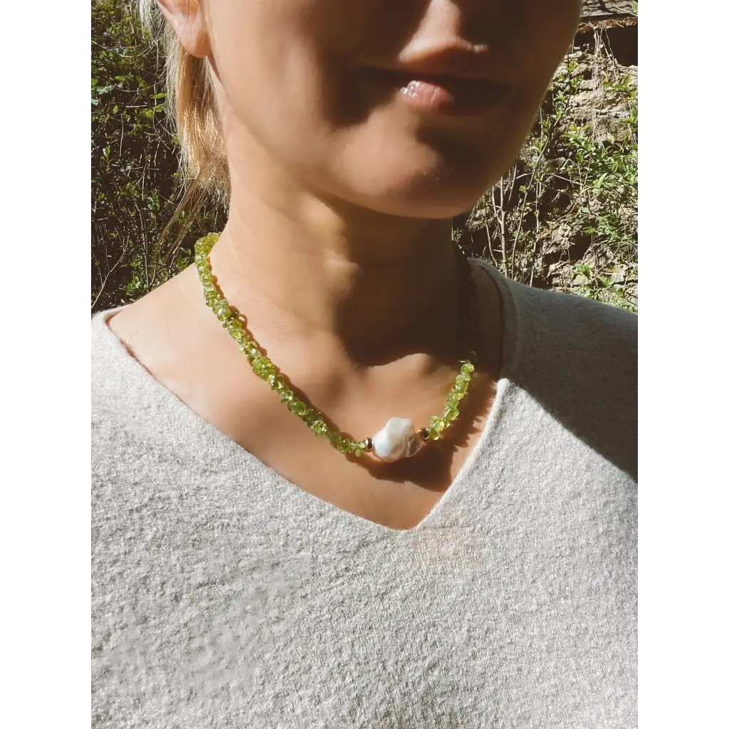 Baroque peridot and fresh water pearl necklace magnetic