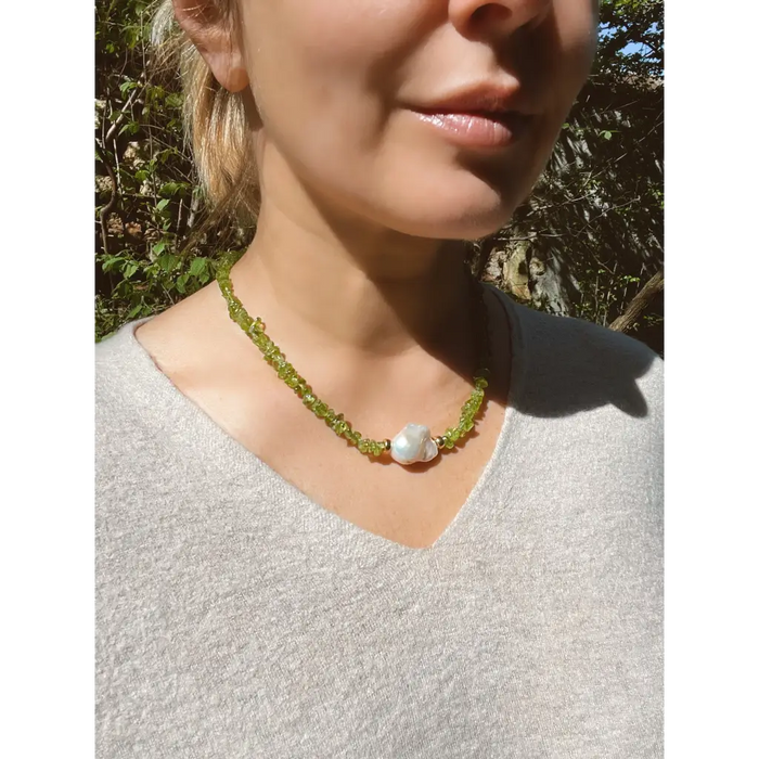 Baroque peridot and fresh water pearl necklace magnetic