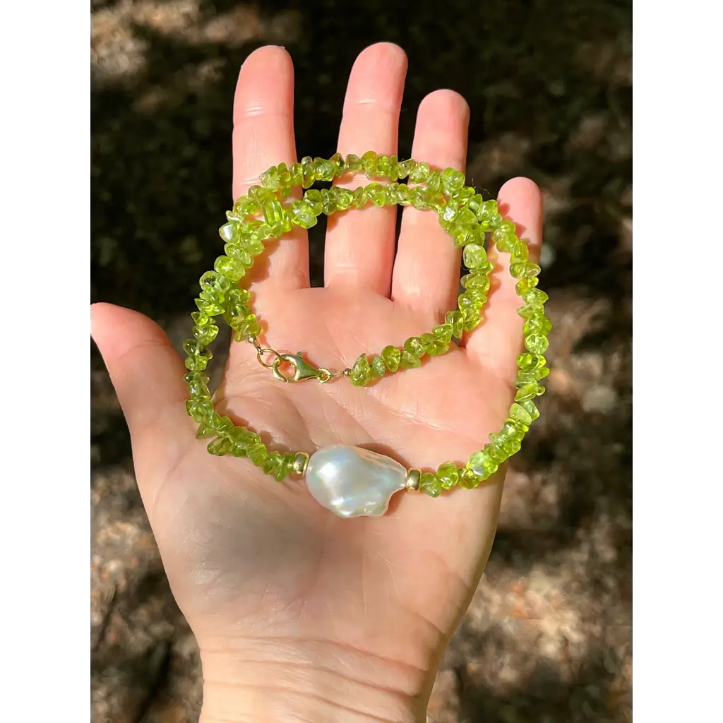 Baroque peridot and fresh water pearl necklace magnetic