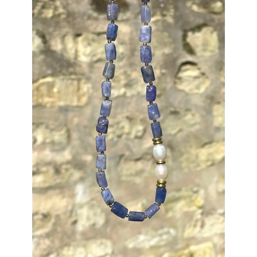 Baroque tanzanite and pearl necklace statement beaded