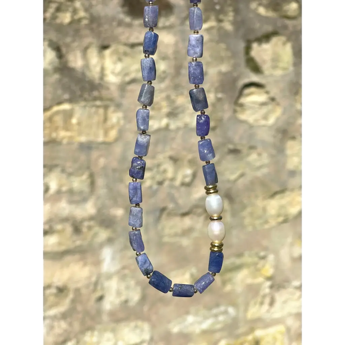 Baroque tanzanite and pearl necklace statement beaded