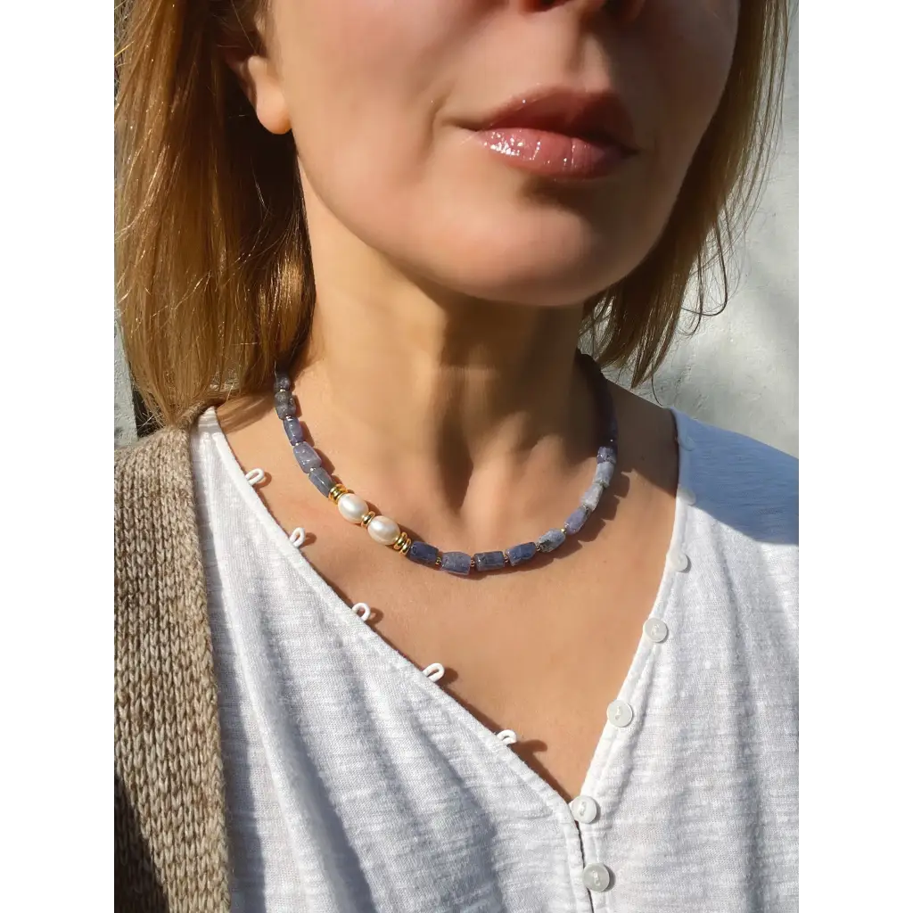 Baroque tanzanite and pearl necklace statement beaded