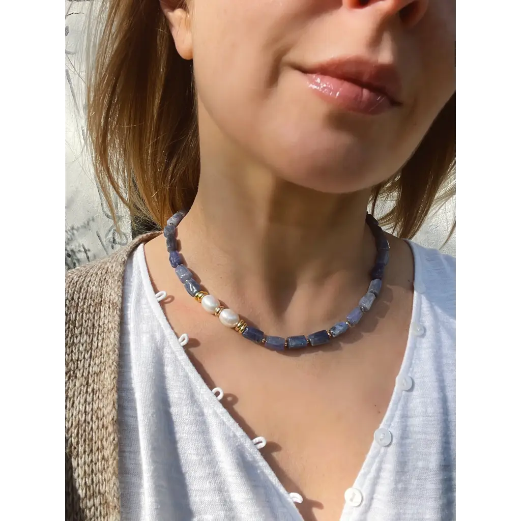 Baroque tanzanite and pearl necklace statement beaded