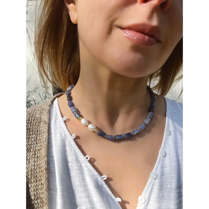 Baroque tanzanite and pearl necklace statement beaded