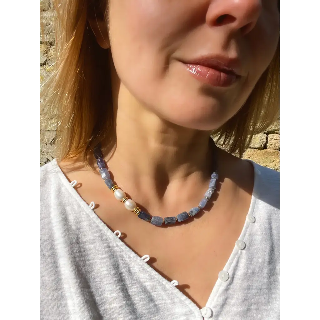 Baroque tanzanite and pearl necklace statement beaded