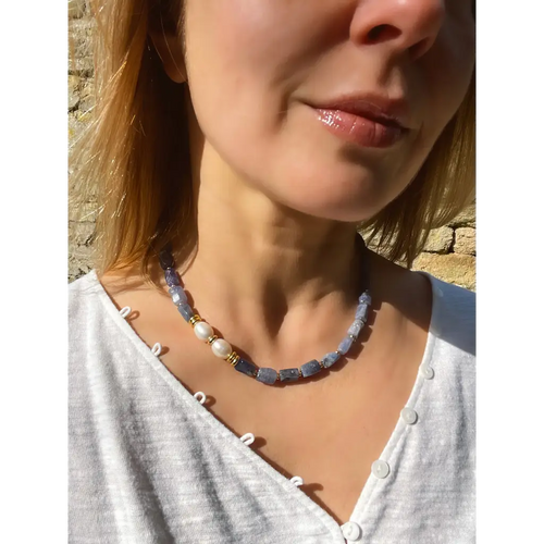Baroque tanzanite and pearl necklace statement beaded
