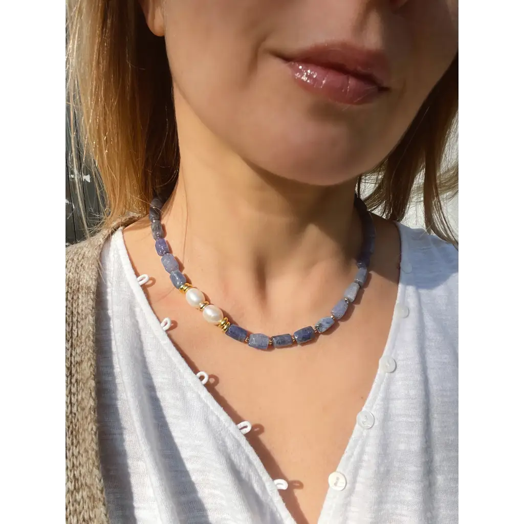 Baroque tanzanite and pearl necklace statement beaded