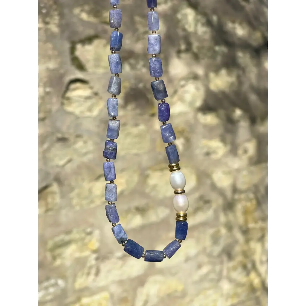 Baroque tanzanite and pearl necklace statement beaded