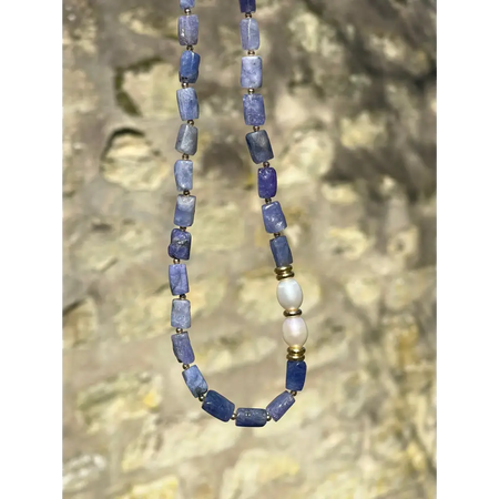 Baroque tanzanite and pearl necklace statement beaded