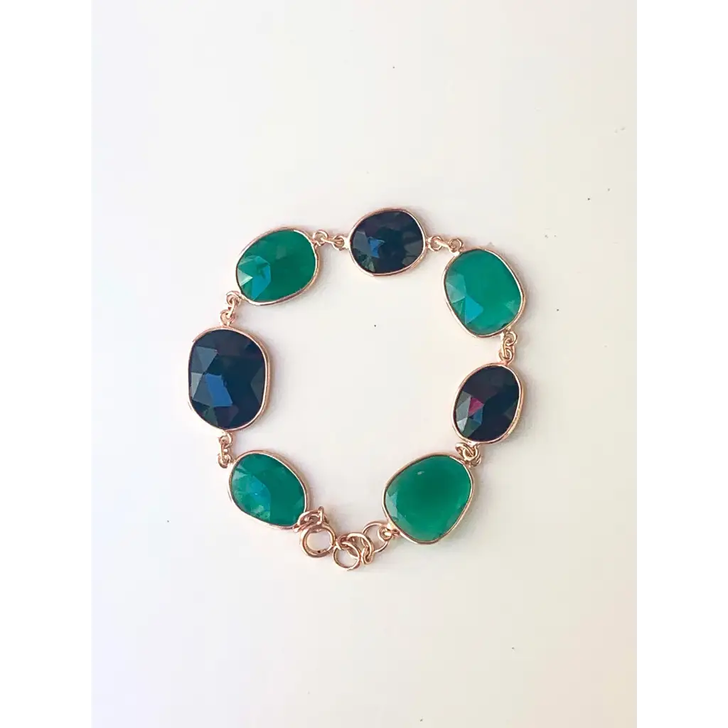 Black and green onyx gold plated silver bracelet birthstone