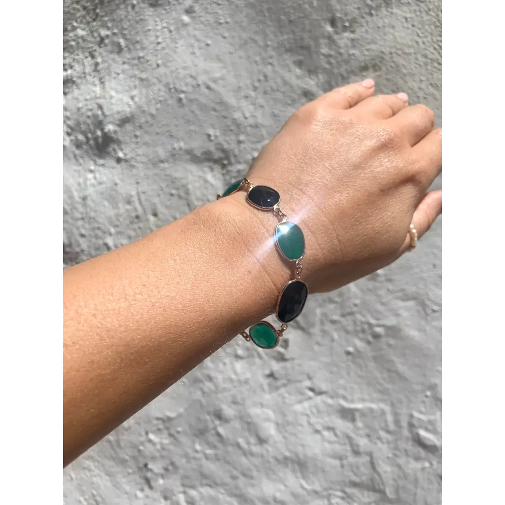 Black and green onyx gold plated silver bracelet birthstone