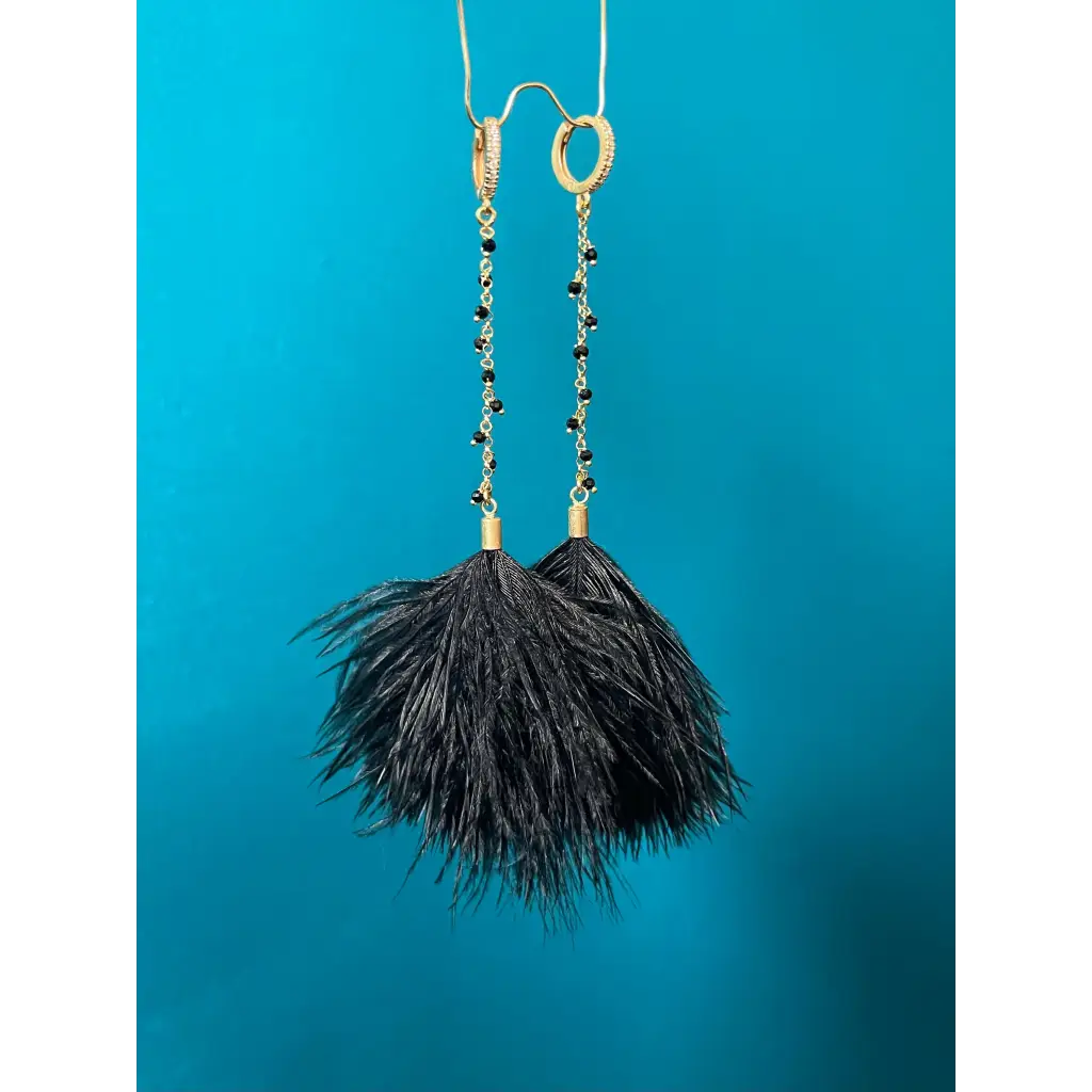 Black feather earrings black spinel long drop earrings
