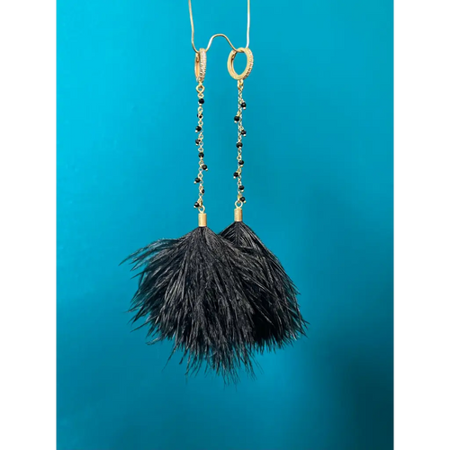 Black feather earrings black spinel long drop earrings