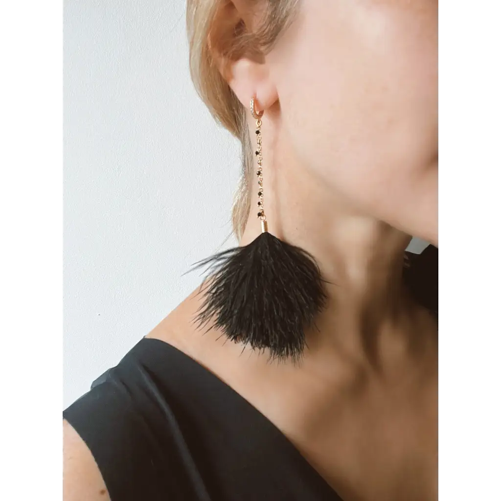 Black feather earrings black spinel long drop earrings