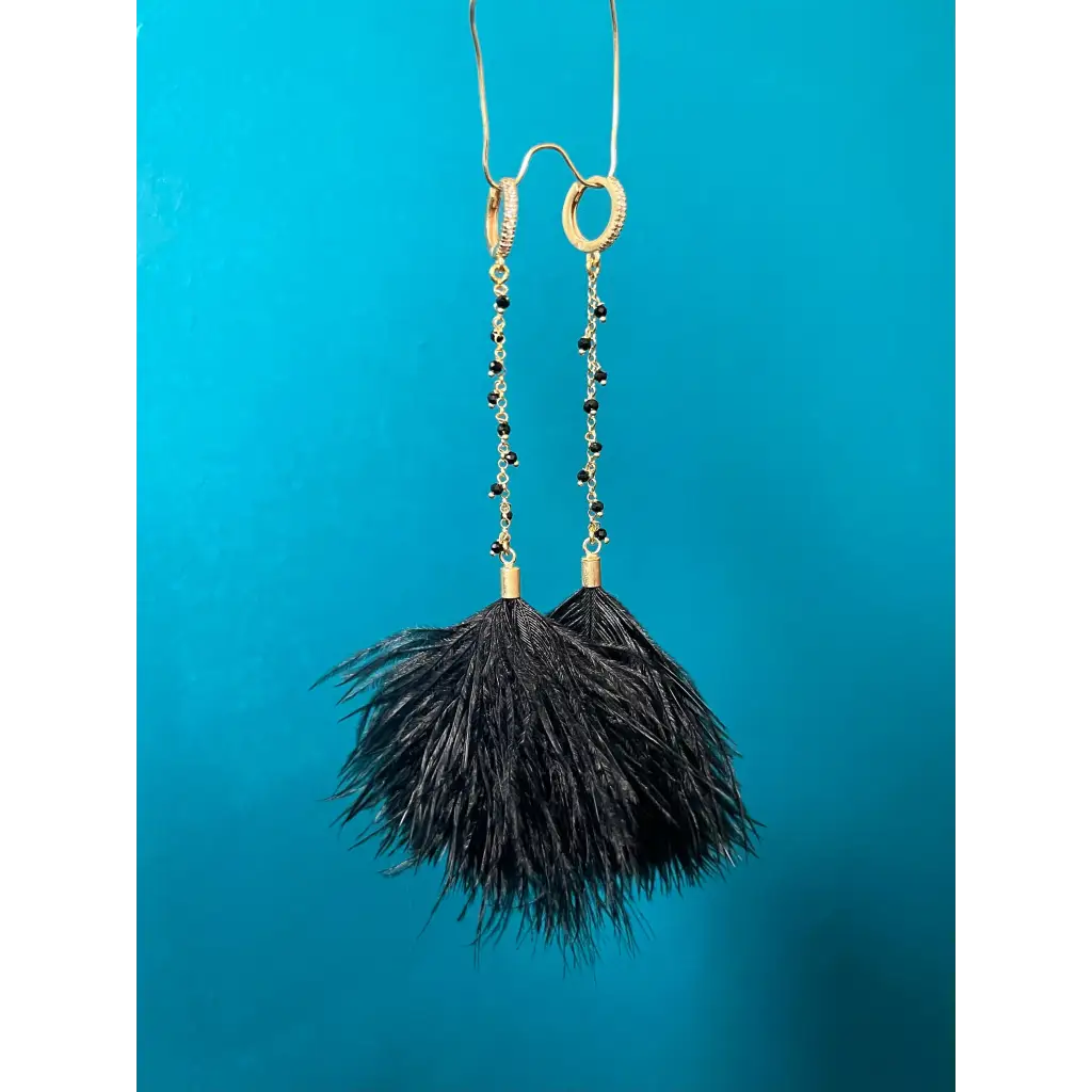 Black feather earrings black spinel long drop earrings