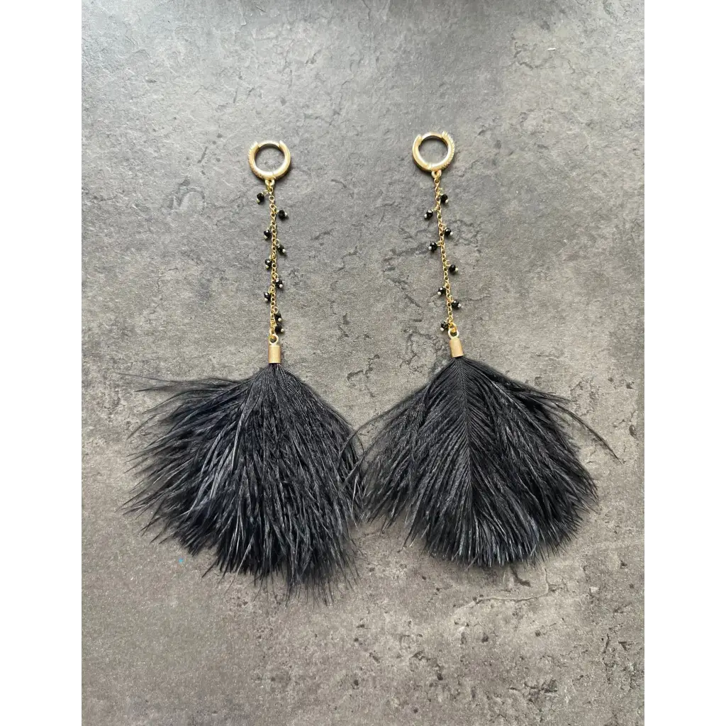 Black feather earrings black spinel long drop earrings