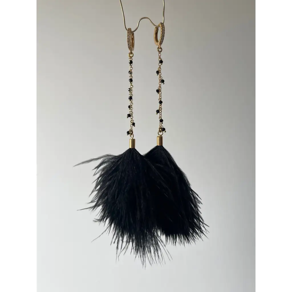 Black feather earrings black spinel long drop earrings