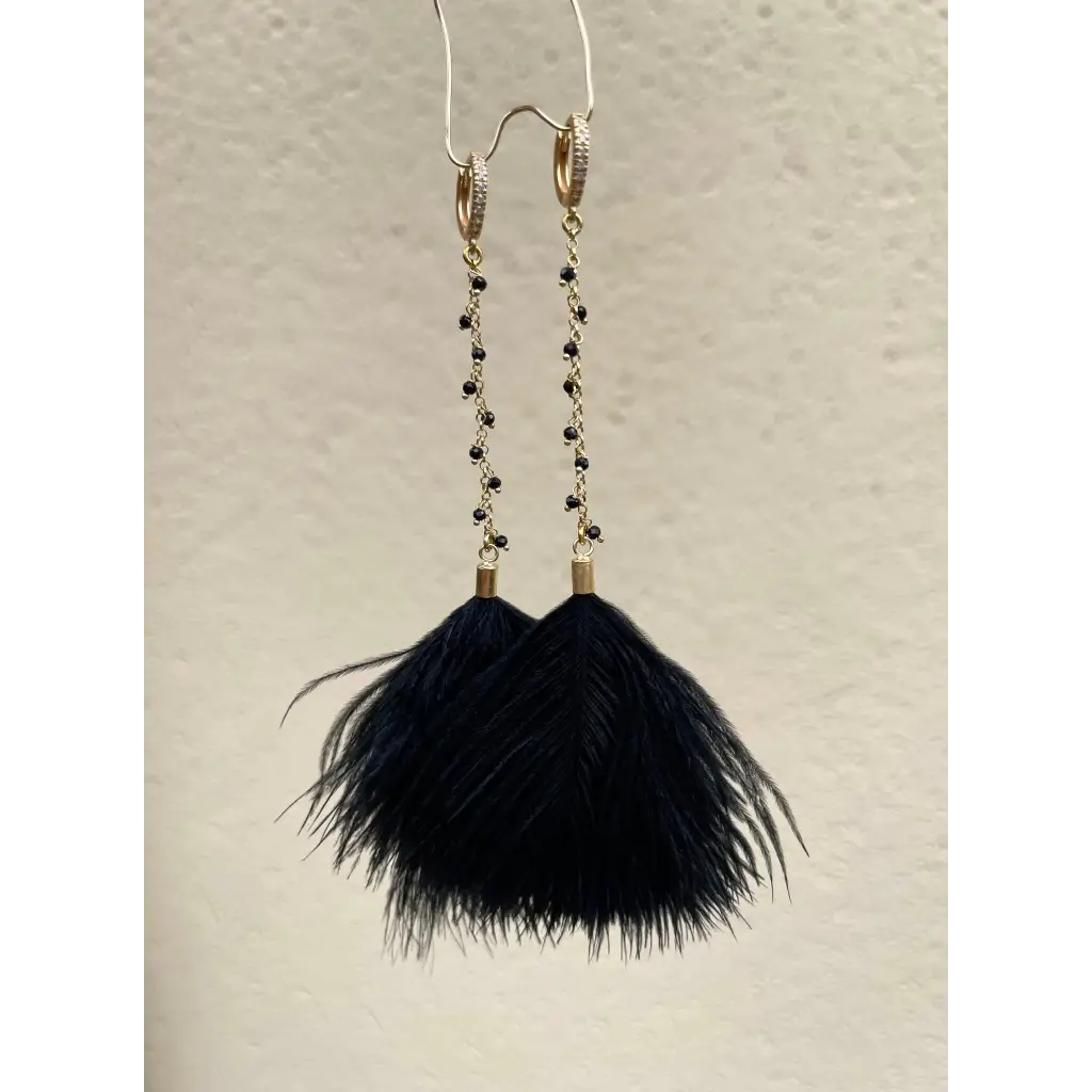 Black feather earrings black spinel long drop earrings