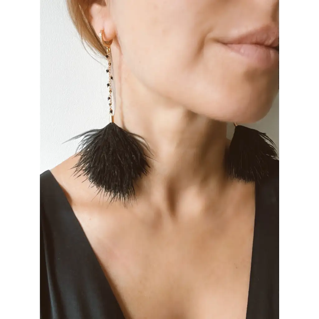Black feather earrings black spinel long drop earrings