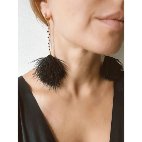 Black feather earrings black spinel long drop earrings