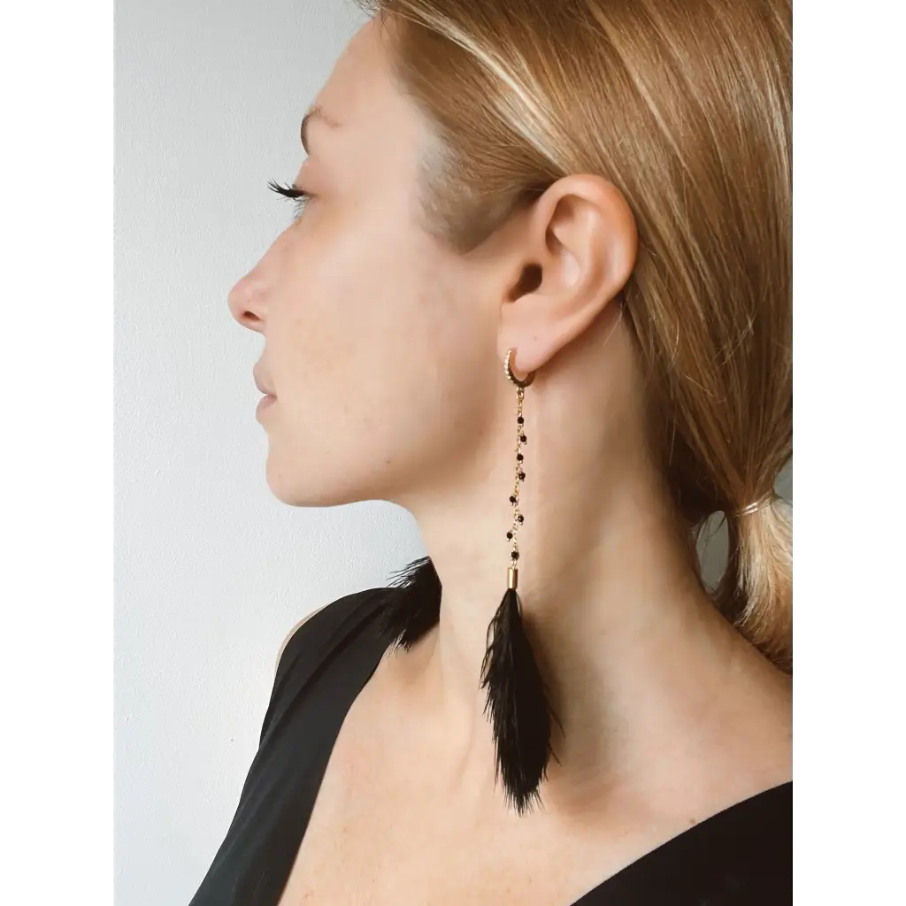 Black feather earrings black spinel long drop earrings