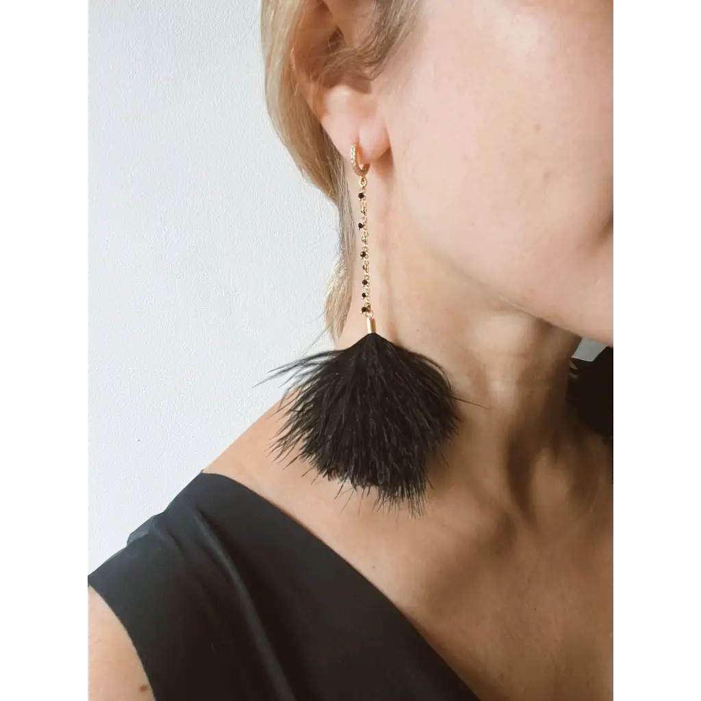 Black feather earrings black spinel long drop earrings