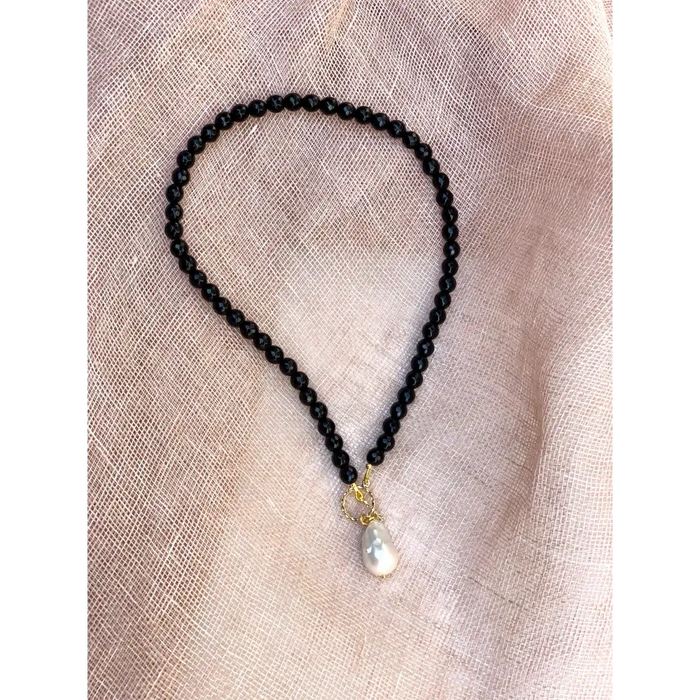 Black onyx and genuine baroque pearl beaded necklace