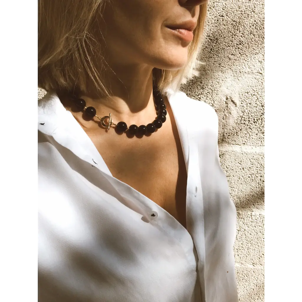 Black onyx and gold plated beaded necklace black gemstone