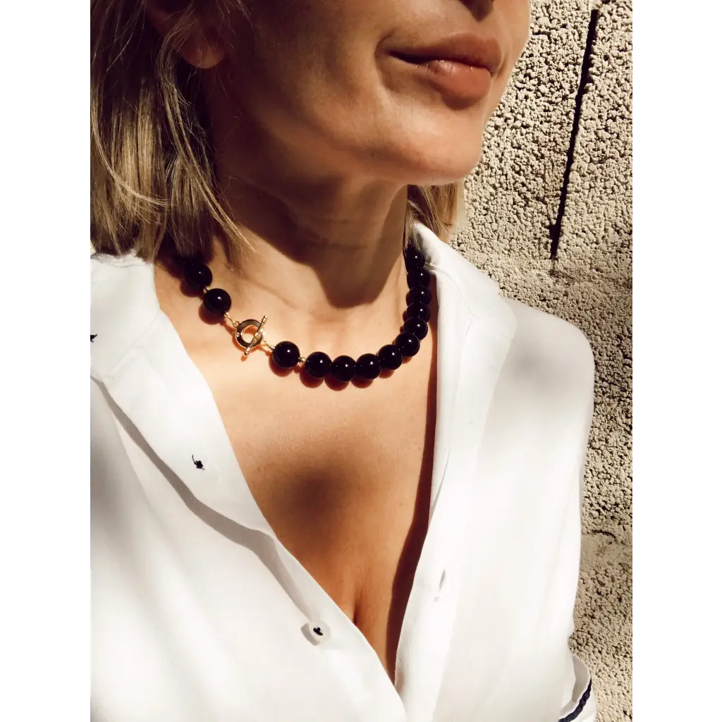 Black onyx and gold plated beaded necklace black gemstone