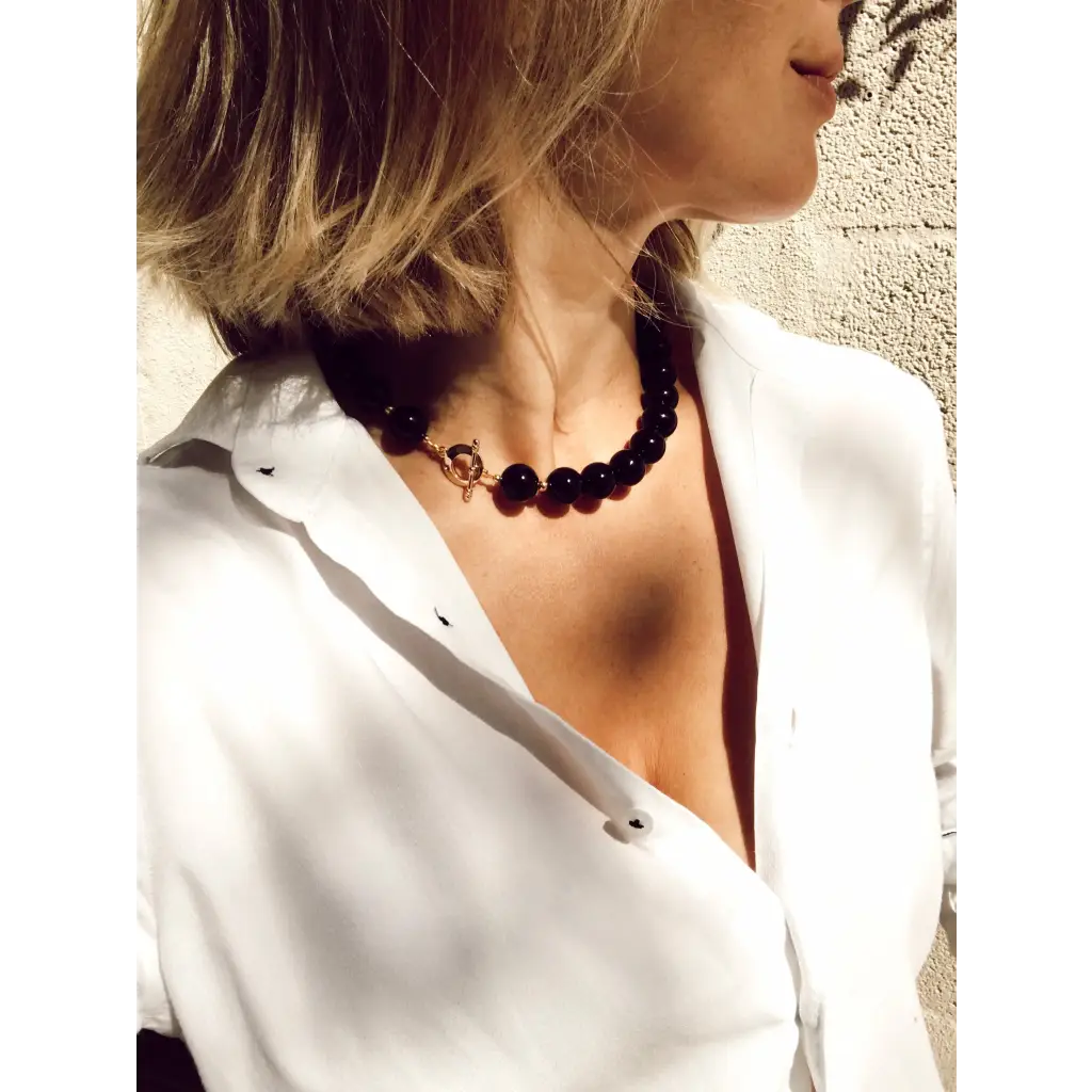 Black onyx and gold plated beaded necklace black gemstone
